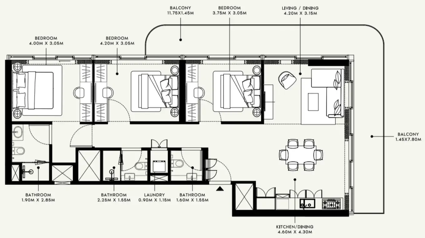 3 bedroom Apartments floor plan at Azizi Raffi