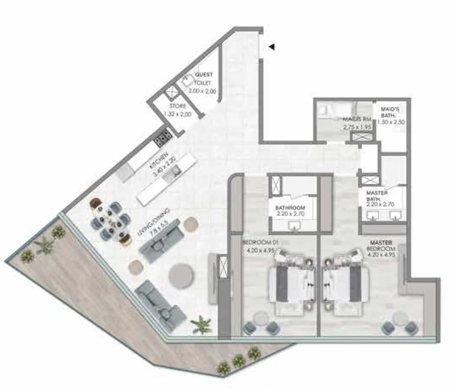 2 bedroom Apartments floor plan at Habtoor Grand Residences