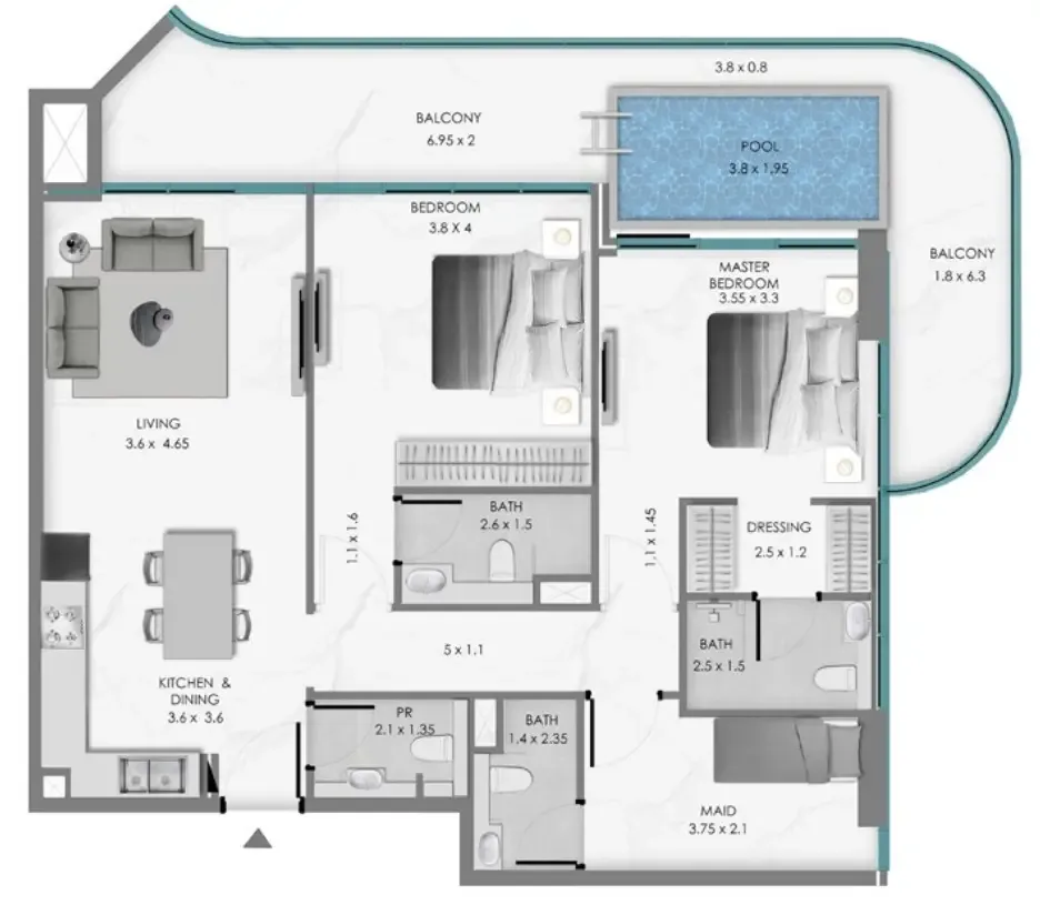 2 bedroom Apartments floor plan at Samana Ocean Bay