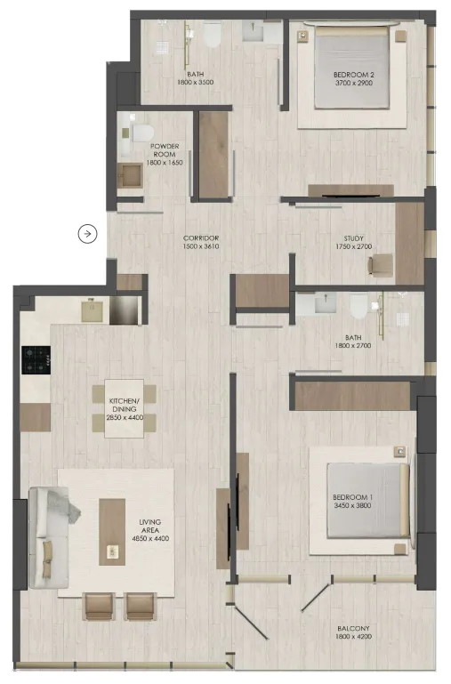 2 bedroom Apartments floor plan at JAD 288