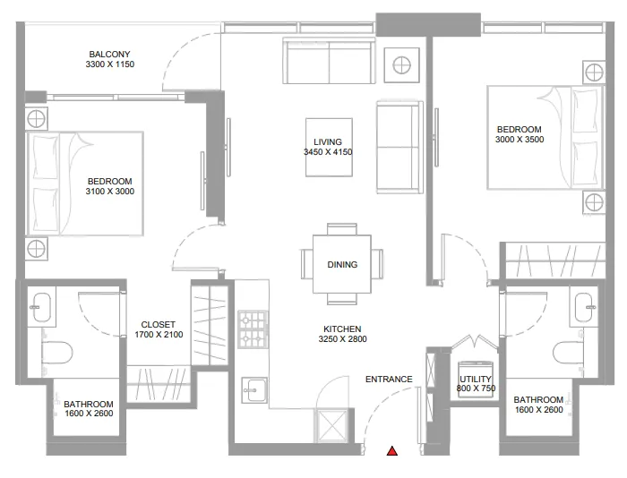 2 bedroom Apartments floor plan at Pristine Beach Residences