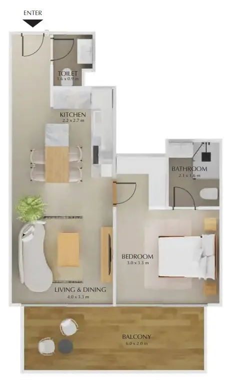 1 bedroom Apartments floor plan at Treppan Tower