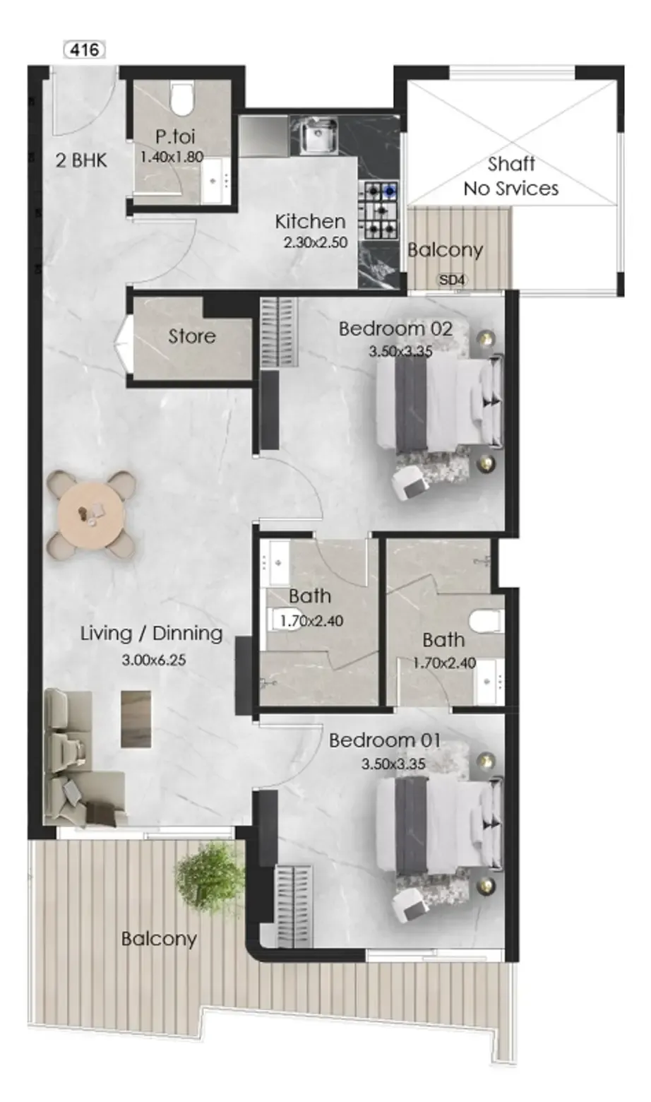 2 bedroom Apartments floor plan at Aristo