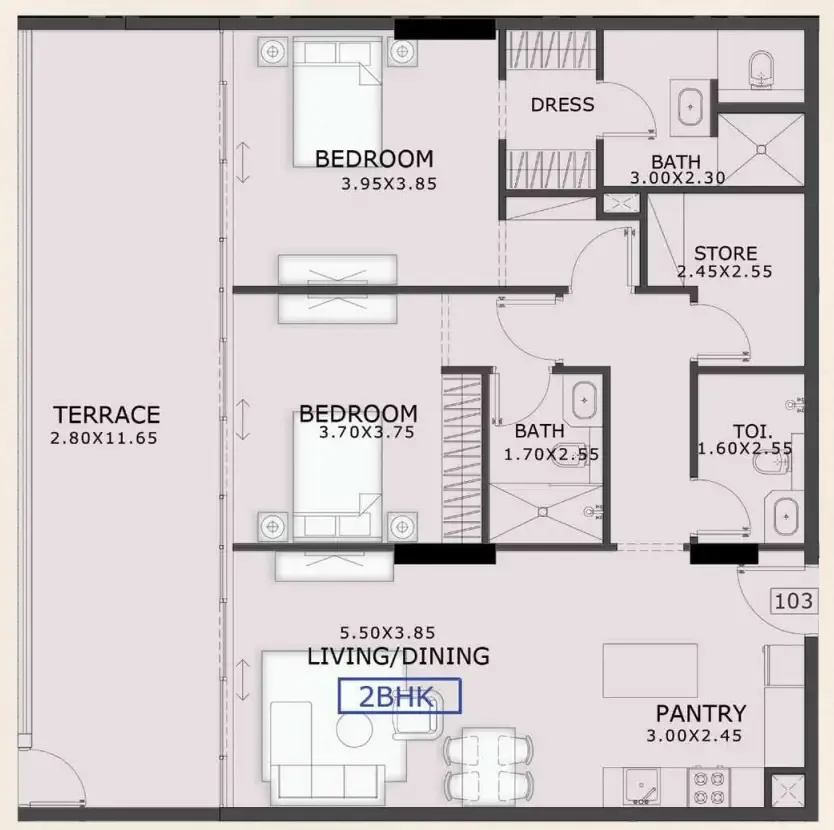 2.5 bedroom Apartments floor plan at 99 Parkplace