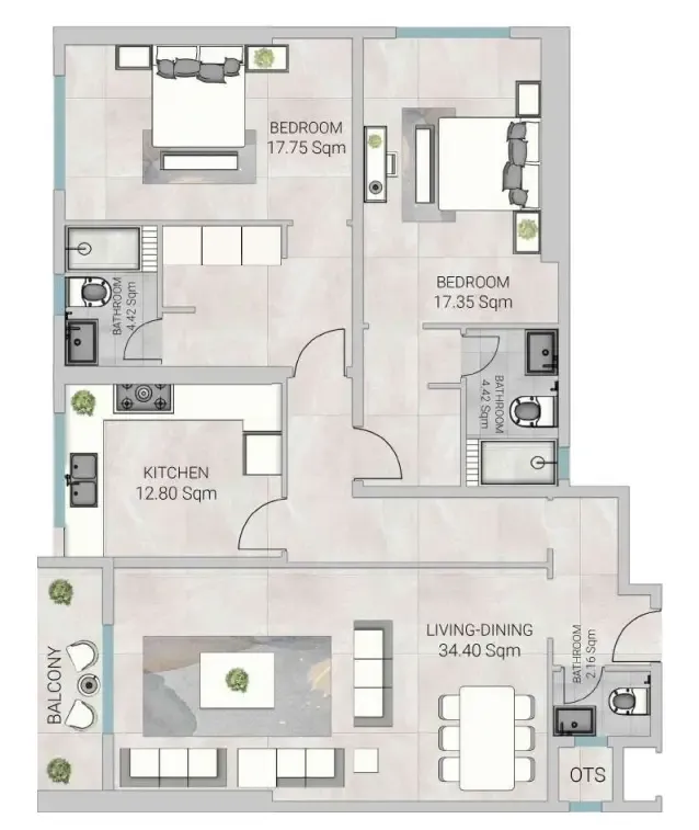 2 bedroom Apartments floor plan at Al Ameera Village 5