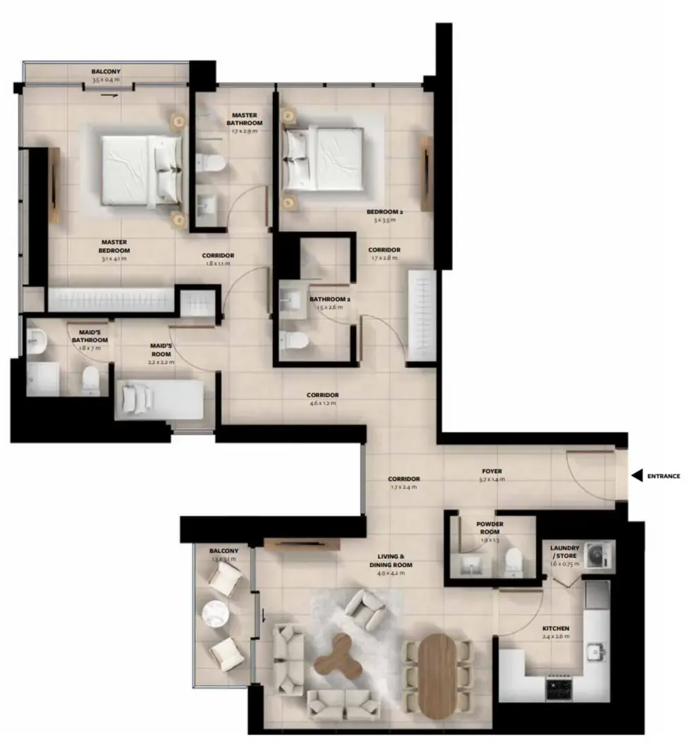 2 bedroom Apartments floor plan at Waada Dubai South