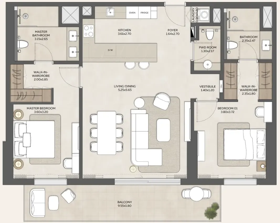 2 bedroom Apartments floor plan at Expo Valley Views - Ghadeer