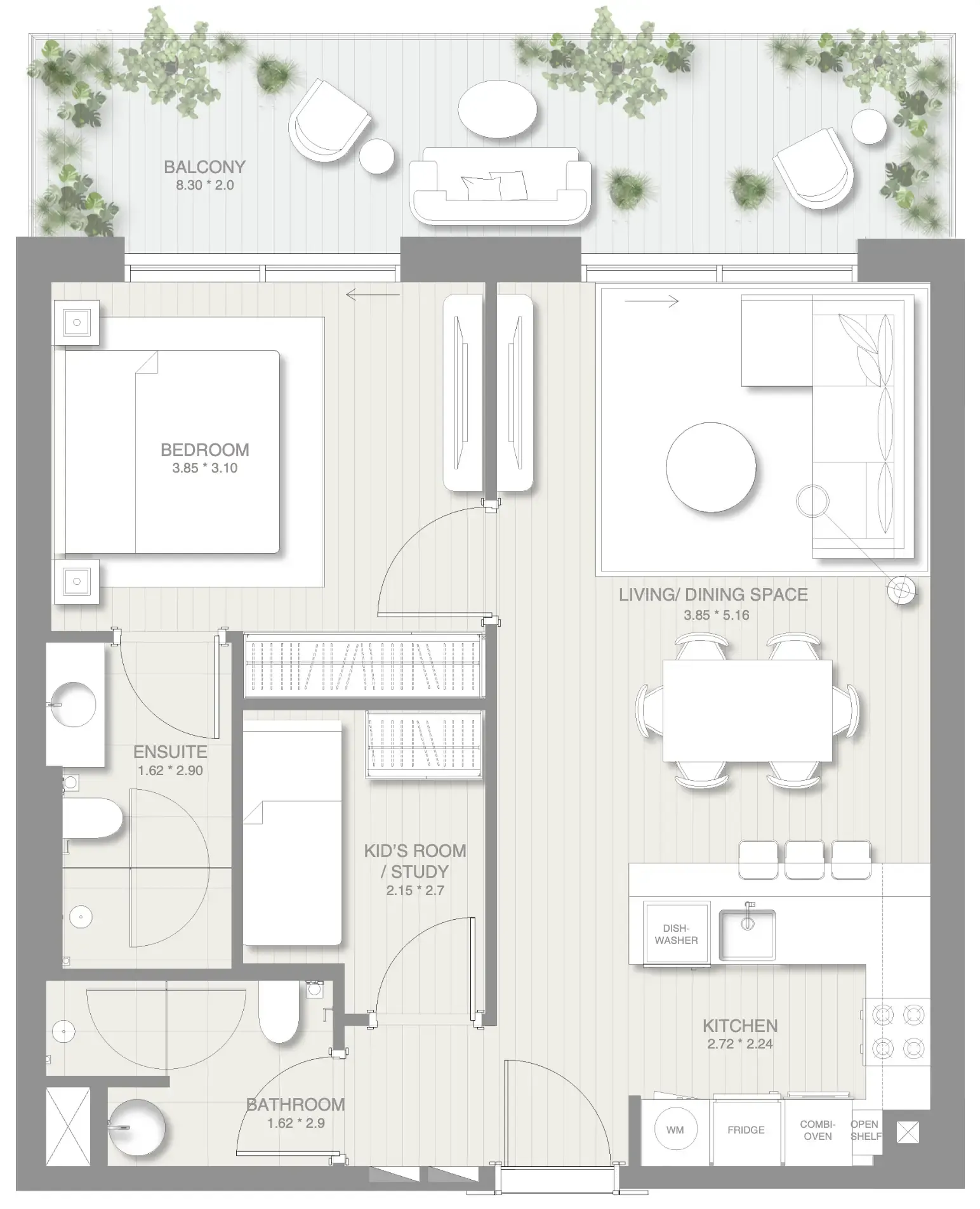 1.5 bedroom Apartments floor plan at Sol Levante