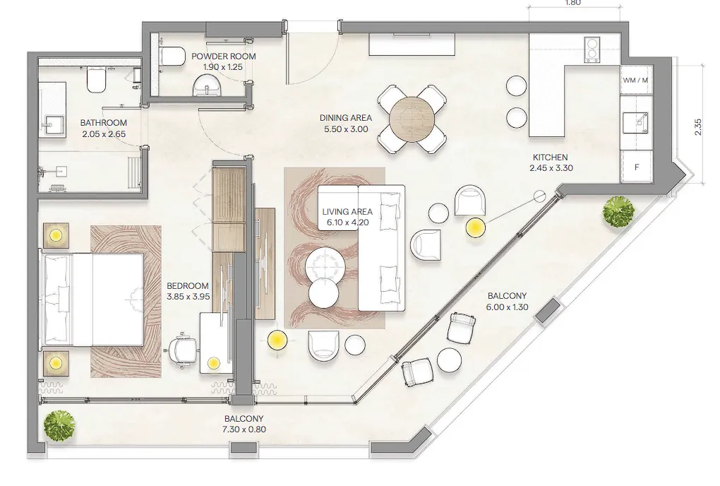 1 bedroom Apartments floor plan at Bloom Arjaan by Rotana