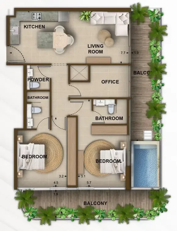 2 bedroom Apartments floor plan at 105 Residences by Kamdar