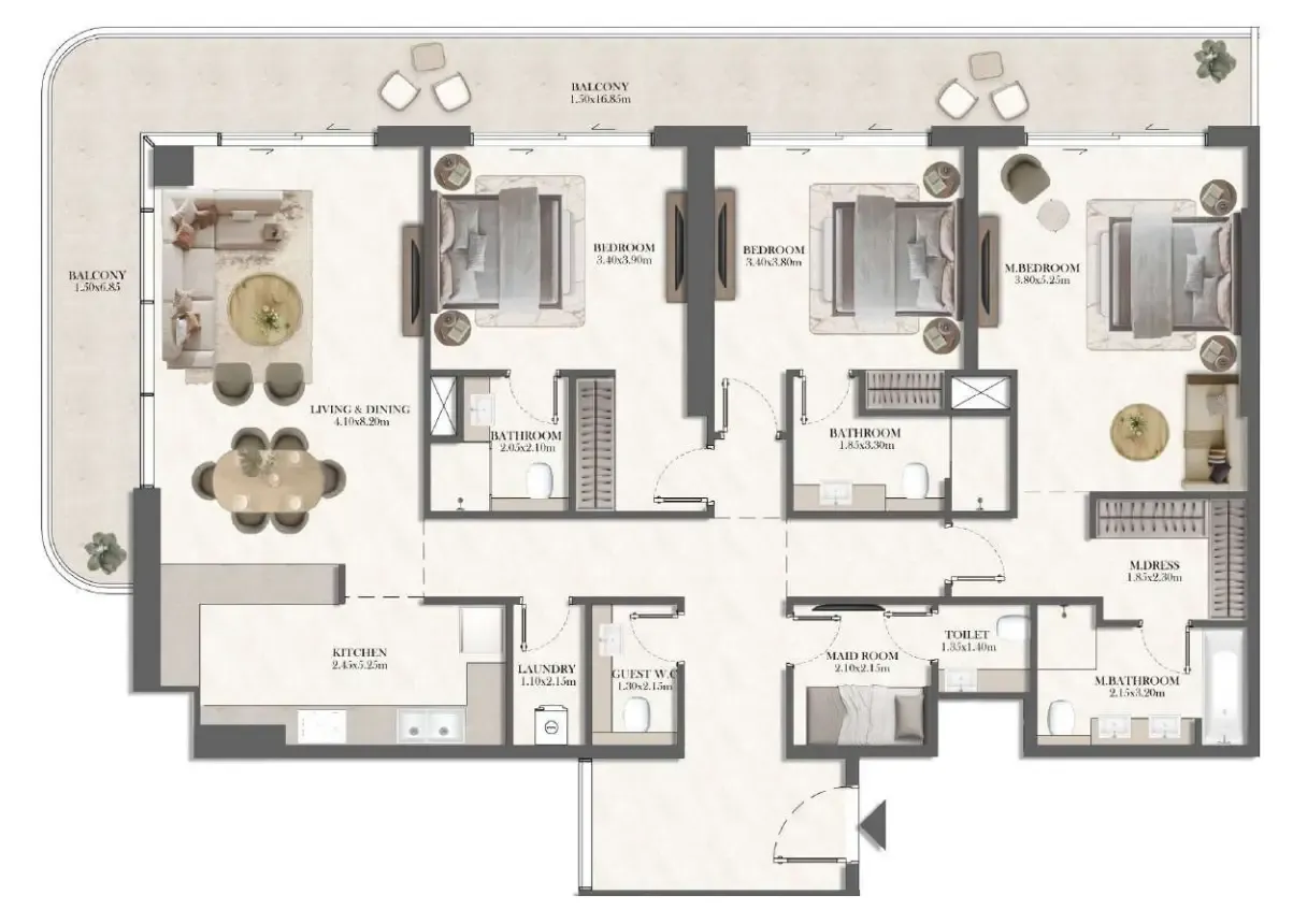 3 bedroom Apartments floor plan at Rotana Residences South Tower