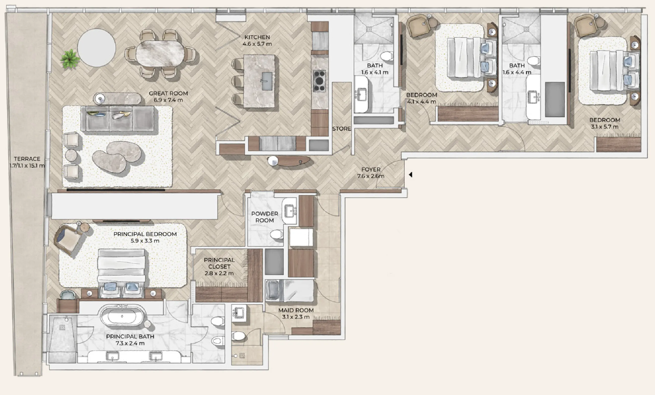 3.5 bedroom Apartments floor plan at Mr. C Residences Downtown