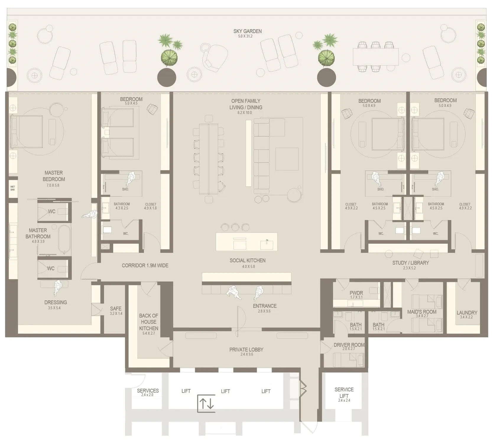 4 bedroom Penthouse floor plan at The Chedi Private Residences
