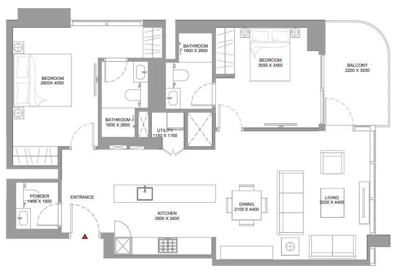 2 bedroom Apartments floor plan at Pristine Beach Residences