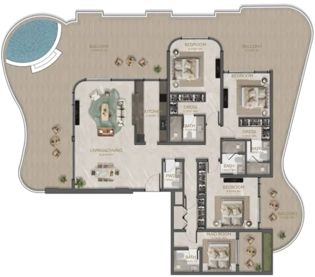 3 bedroom Penthouse floor plan at La Perla by BNW Developments