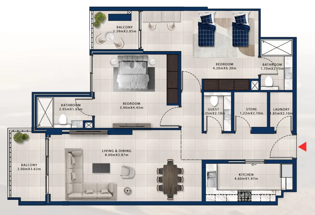 2 bedroom Apartments floor plan at Asayel Avenue