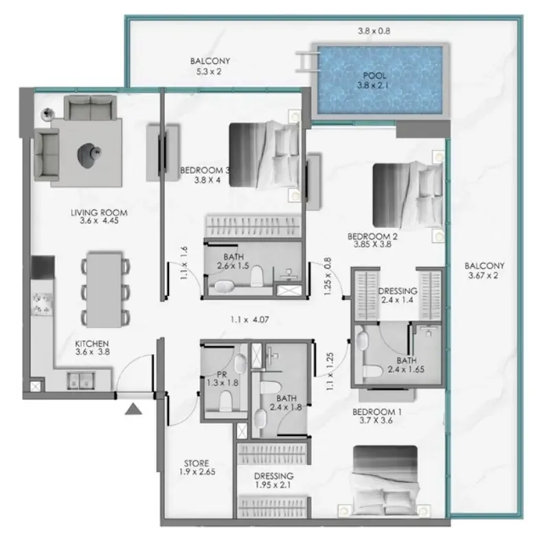 3 bedroom Apartments floor plan at Samana Ocean Bay