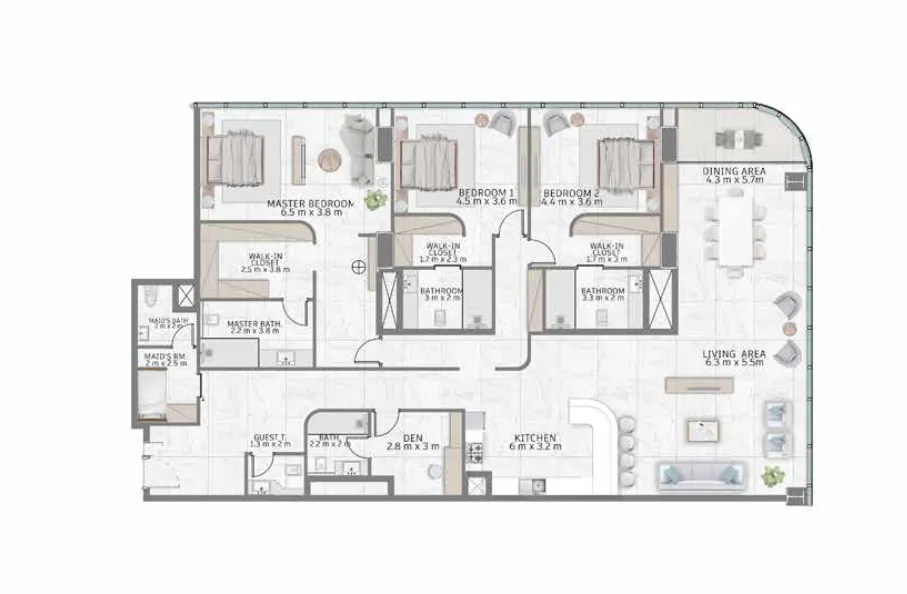 3 bedroom Apartments floor plan at Al Habtoor Tower