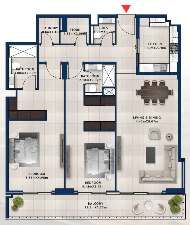 2 bedroom Apartments floor plan at Asayel Avenue