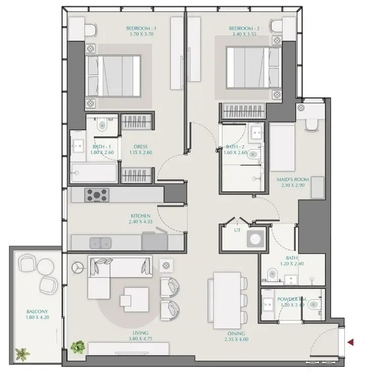 2 bedroom Apartments floor plan at Avenue Park Towers 1 at Wasl 1