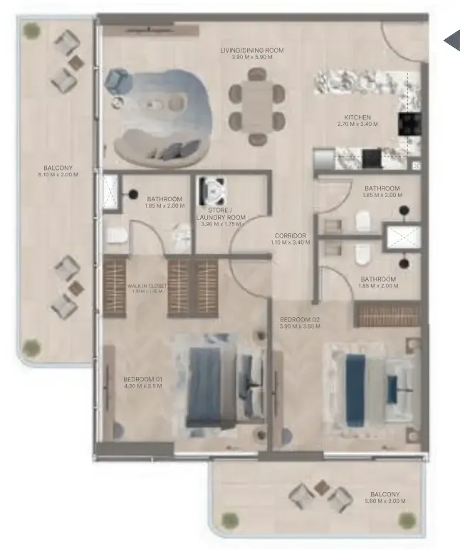 2 bedroom Apartments floor plan at Meriden Beach Residences