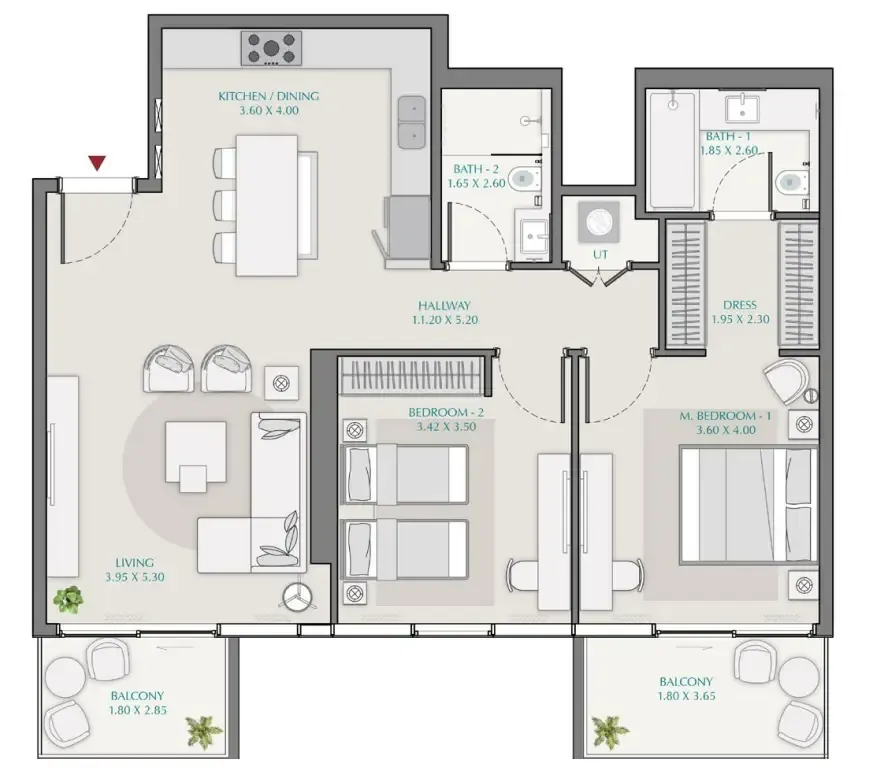 2 bedroom Apartments floor plan at Avenue Park Towers 1 at Wasl 1