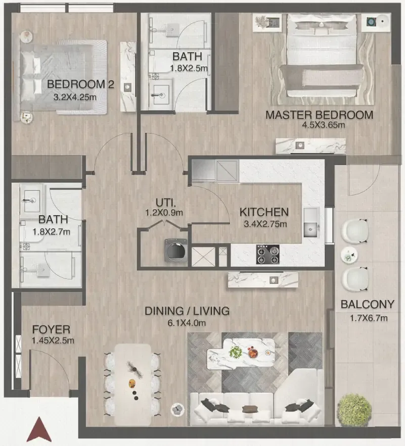 2 bedroom Apartments floor plan at One by Nine