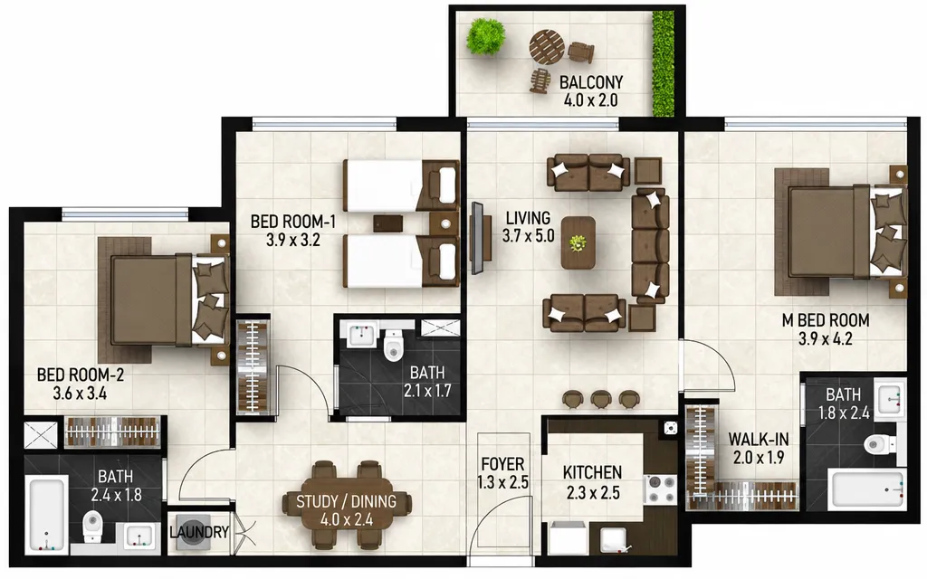 3 bedroom Apartments floor plan at Maimoon Gardens