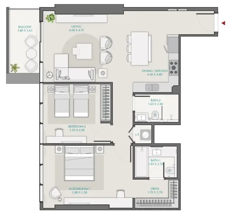 2 bedroom Apartments floor plan at Avenue Park Towers 1 at Wasl 1
