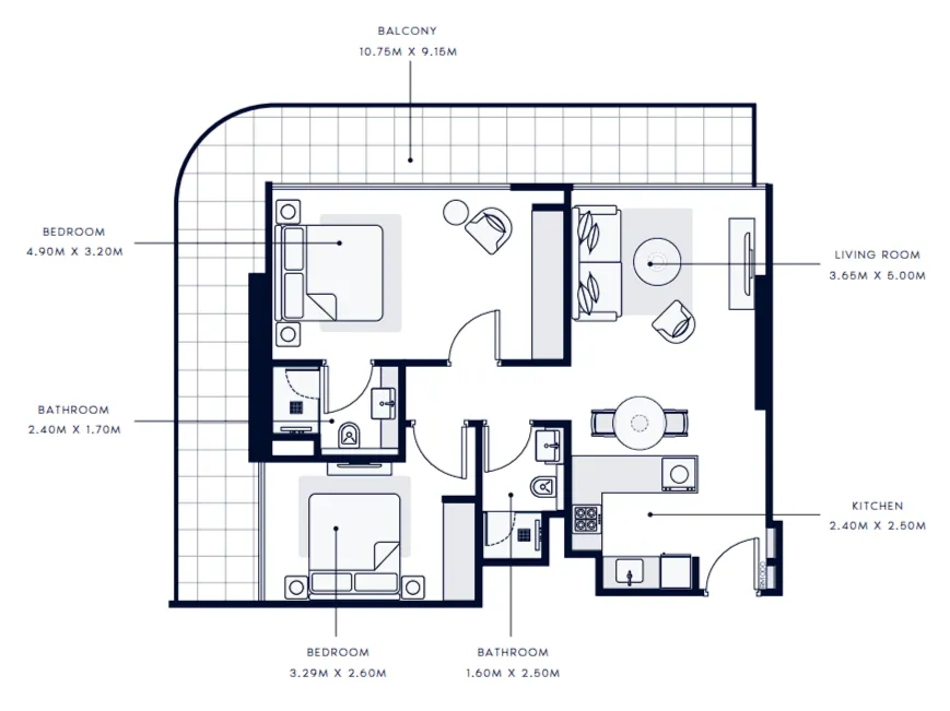 2 bedroom Apartments floor plan at Azizi Grand