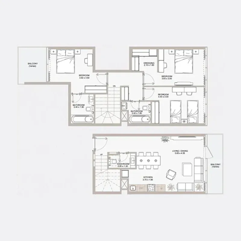 3 bedroom Duplex floor plan at Perla 1 at the Bay
