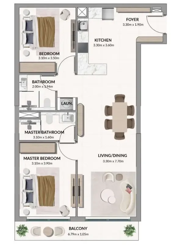 2 bedroom Apartments floor plan at Woodland Terraces