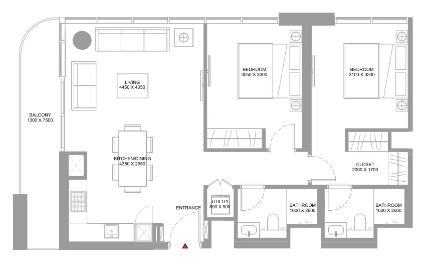 2 bedroom Apartments floor plan at Coastline Beach Residences