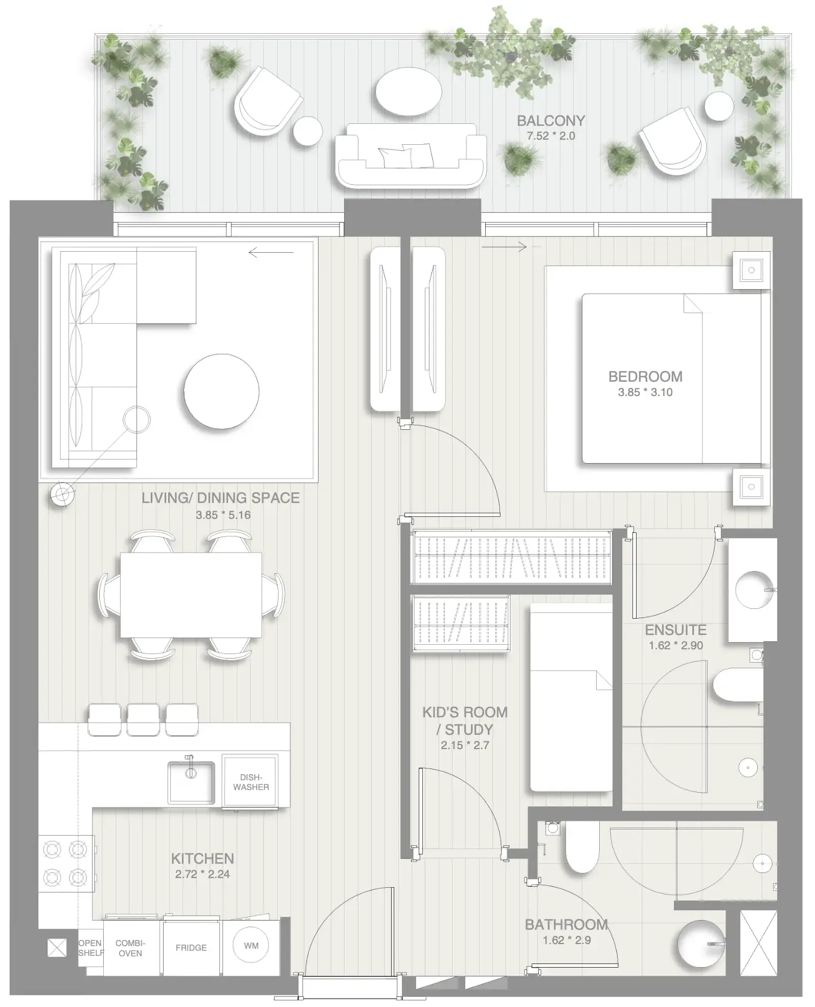 1.5 bedroom Apartments floor plan at Sol Levante