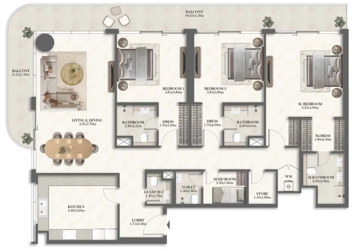 3 bedroom Apartments floor plan at Rotana Residences North Tower