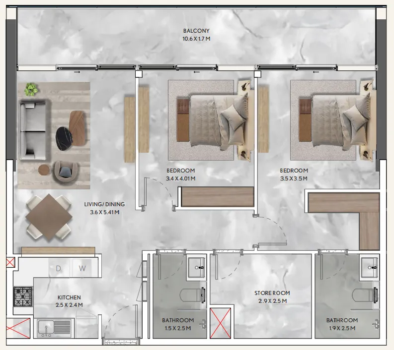 2 bedroom Apartments floor plan at California Residences