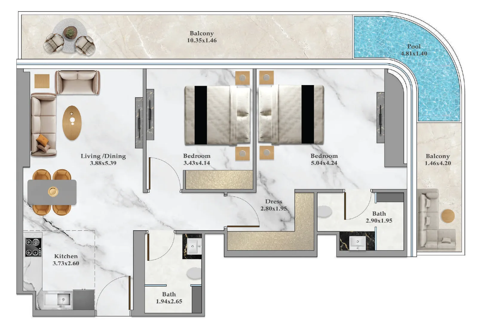 2 bedroom Apartments floor plan at Bayz 102