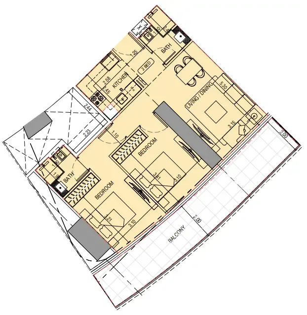 2 bedroom Apartments floor plan at Binghatti Sky Terraces