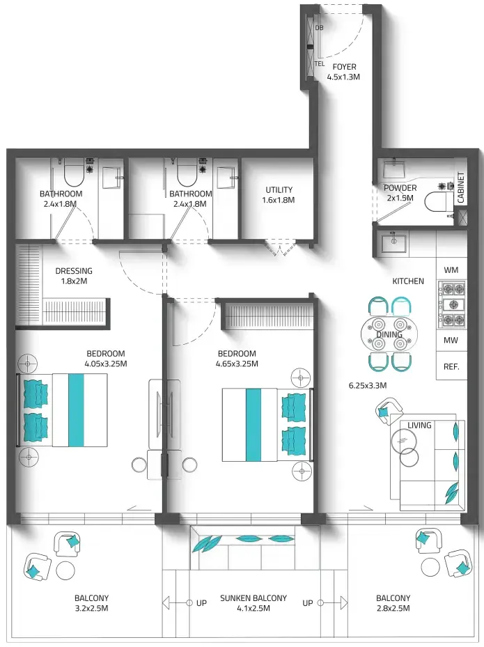 2 bedroom Apartments floor plan at Reef 996
