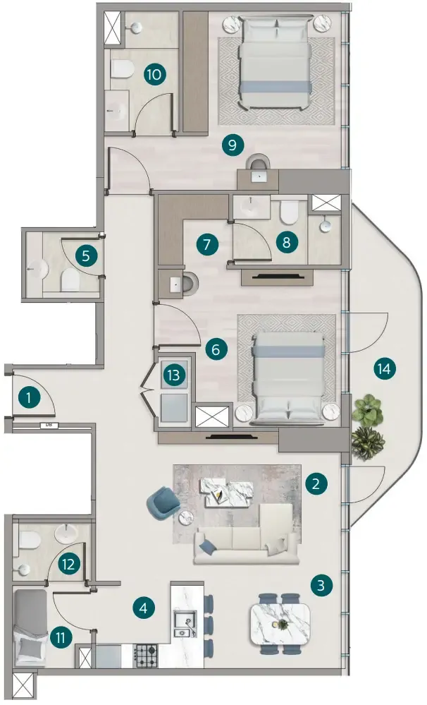 2.5 bedroom Apartments floor plan at Flora Shore Beachside Residences