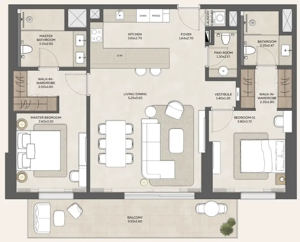 2 bedroom Apartments floor plan at Expo Valley Views - Ghadeer