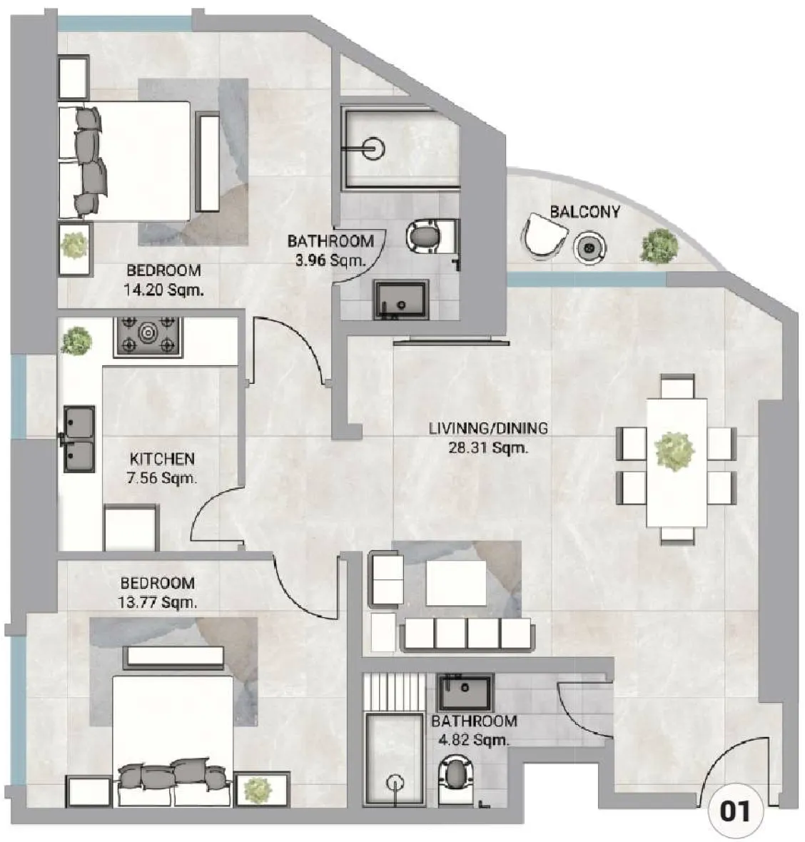 2 bedroom Apartments floor plan at Barajeel Towers
