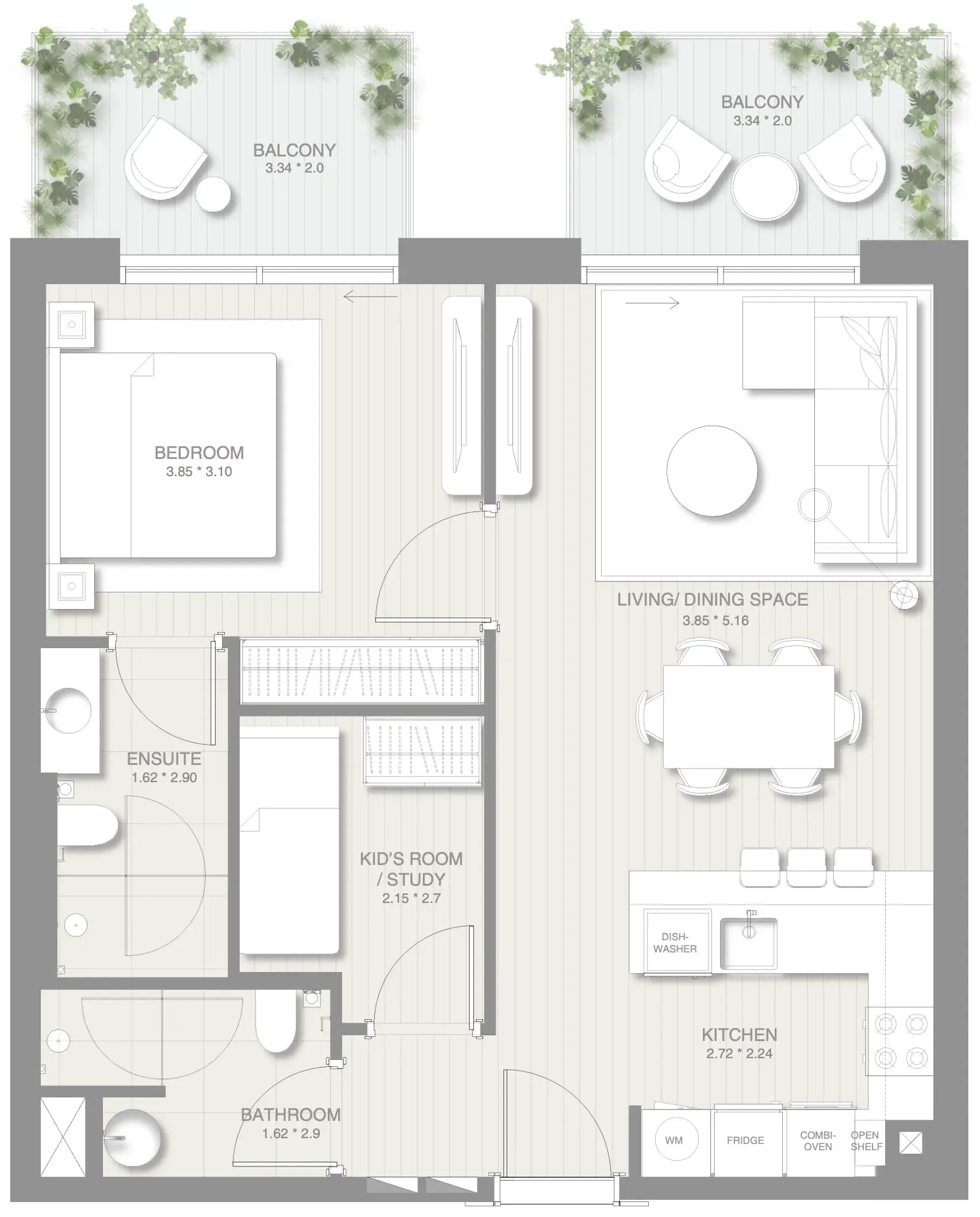 1.5 bedroom Apartments floor plan at Sol Levante