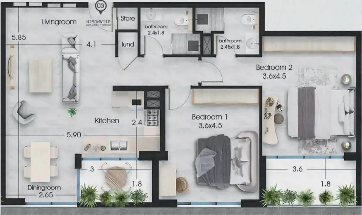 2 bedroom Apartments floor plan at Ethan