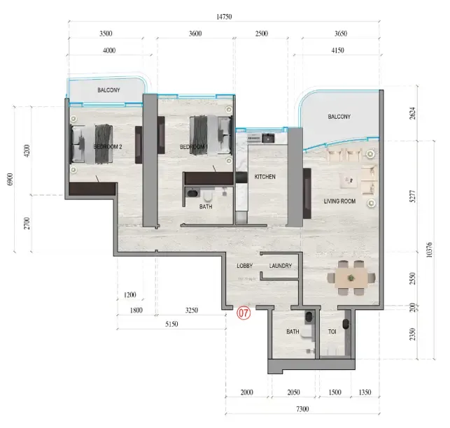 2 bedroom Apartments floor plan at Al Ghaf Tower