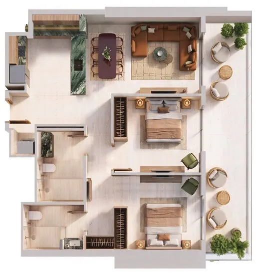 2 bedroom Apartments floor plan at Binghatti Spectre