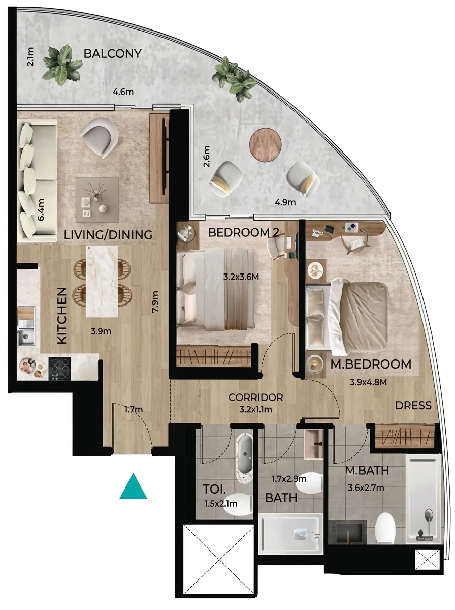 2 bedroom apartments floor plan at Waterfront by Missoni