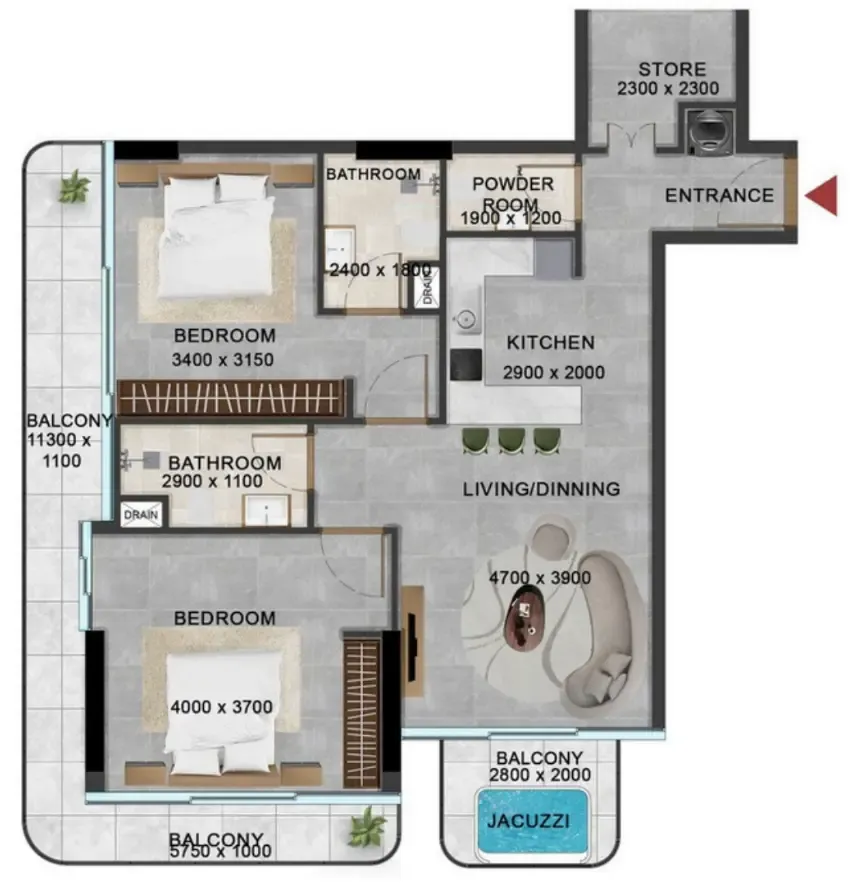 2 bedroom Apartments floor plan at Vivanti Residences by Meteora