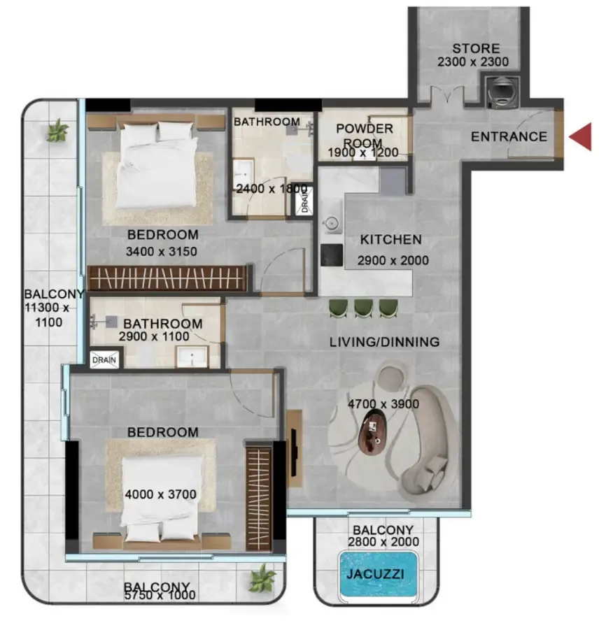 2 bedroom Apartments floor plan at Vivanti Residences by Meteora