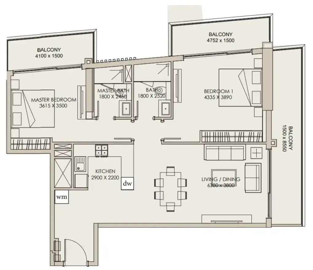 2 bedroom Apartments floor plan at Nirvana Residences 1